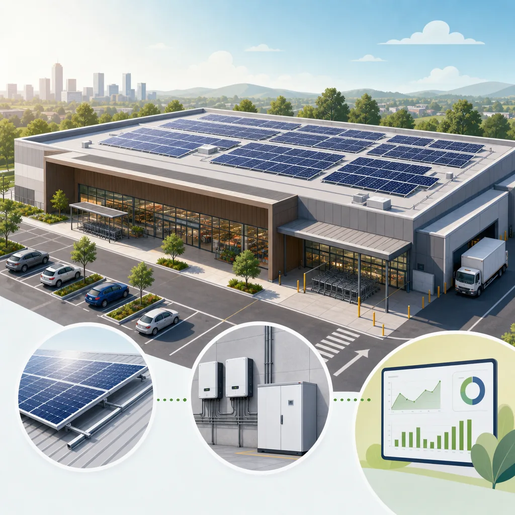 A clean, modern editorial illustration for a blog post titled "Solar for a Supermarket: A Worked Example (2026)". Professional aesthetic suitable for a solar energy company website. No text, no logos, no watermarks.