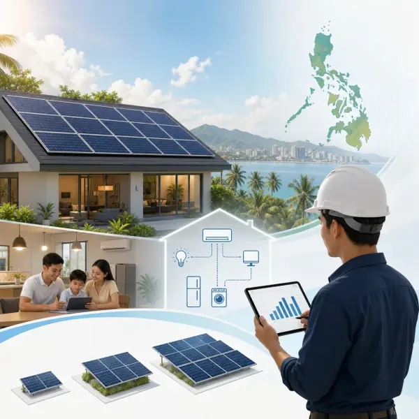 A clean, modern editorial illustration for a blog post titled "How Many Solar Panels Do I Need? A Philippine Sizing Guide (2026)". Professional aesthetic suitable for a solar energy company website. No text, no logos, no watermarks.