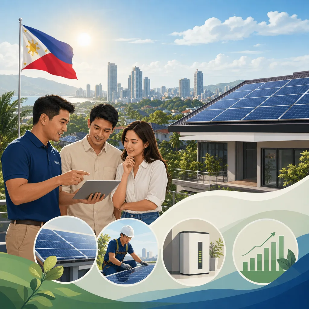 A clean, modern editorial illustration for a blog post titled "Top Solar Companies in the Philippines 2026: An Honest Buyer's Guide". Professional aesthetic suitable for a solar energy company website. No text, no logos, no watermarks.