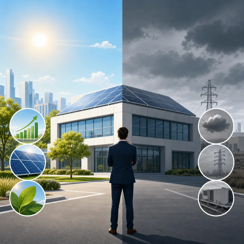 A clean, modern editorial illustration for a blog post titled "Why Solar Power Is the Best Solution for Your Business — And When It Isn't". Professional aesthetic suitable for a solar energy company website. No text, no logos, no watermarks.