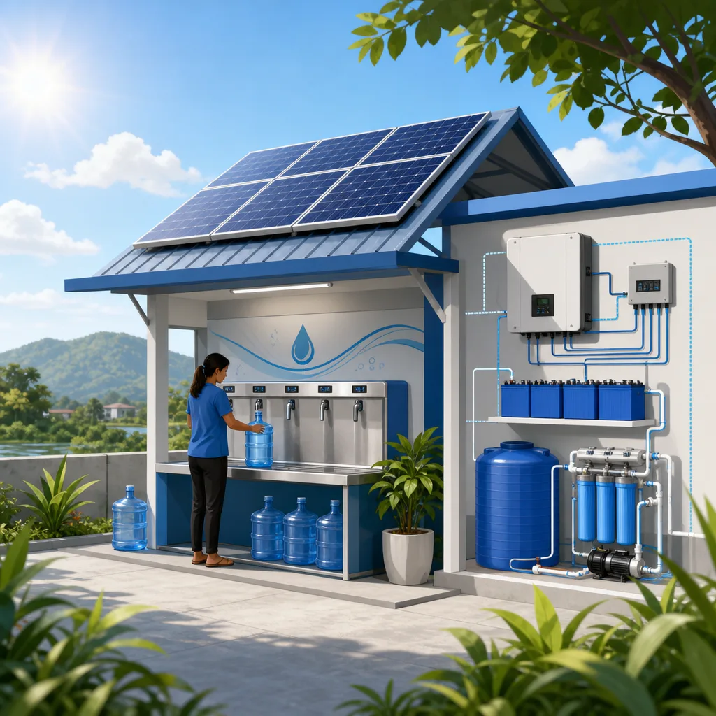 A clean, modern editorial illustration for a blog post titled "Solar for a Water Refilling Station: A Worked Example (2026)". Professional aesthetic suitable for a solar energy company website. No text, no logos, no watermarks.