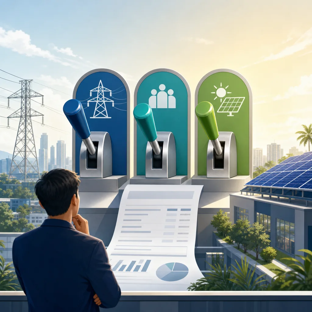 A clean, modern editorial illustration for a blog post titled "GEOP, RCOA or Solar? The Three Levers on a Philippine Business Electricity Bill". Professional aesthetic suitable for a solar energy company website. No text, no logos, no watermarks.
