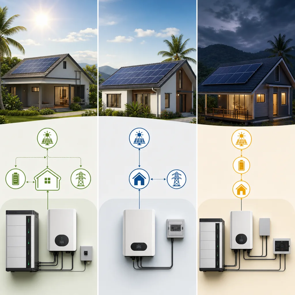 A clean, modern editorial illustration for a blog post titled "Hybrid vs On-Grid vs Off-Grid Solar for Philippine Homes: The 2026 Guide". Professional aesthetic suitable for a solar energy company website. No text, no logos, no watermarks.