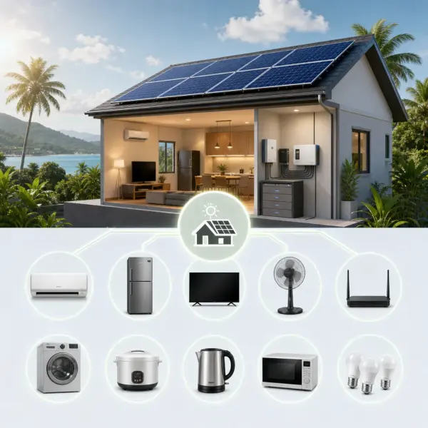 A clean, modern editorial illustration for a blog post titled "What Can You Actually Run on a 6kW Solar System? A Philippine Breakdown (2026)". Professional aesthetic suitable for a solar energy company website. No text, no logos, no watermarks.
