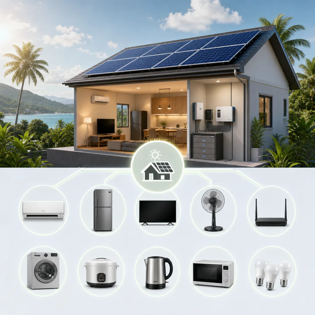 A clean, modern editorial illustration for a blog post titled "What Can You Actually Run on a 6kW Solar System? A Philippine Breakdown (2026)". Professional aesthetic suitable for a solar energy company website. No text, no logos, no watermarks.