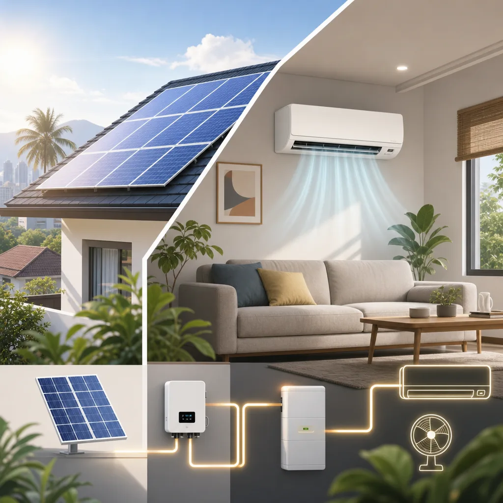 A clean, modern editorial illustration for a blog post titled "Can Solar Run My Aircon? A Straight Answer for Philippine Homes (2026)". Professional aesthetic suitable for a solar energy company website. No text, no logos, no watermarks.