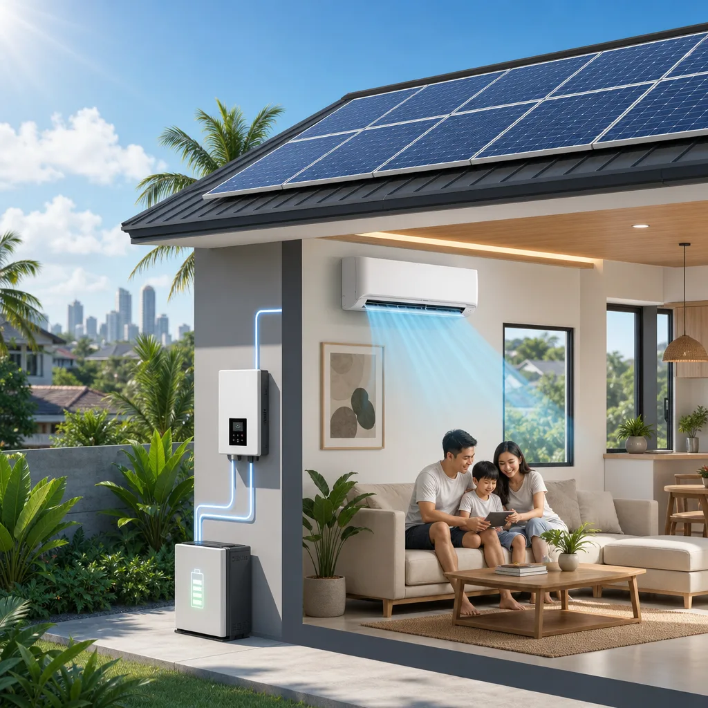 A clean, modern editorial illustration for a blog post titled "Can Solar Run My Aircon? A Straight Answer for Philippine Homes (2026)". Professional aesthetic suitable for a solar energy company website. No text, no logos, no watermarks.