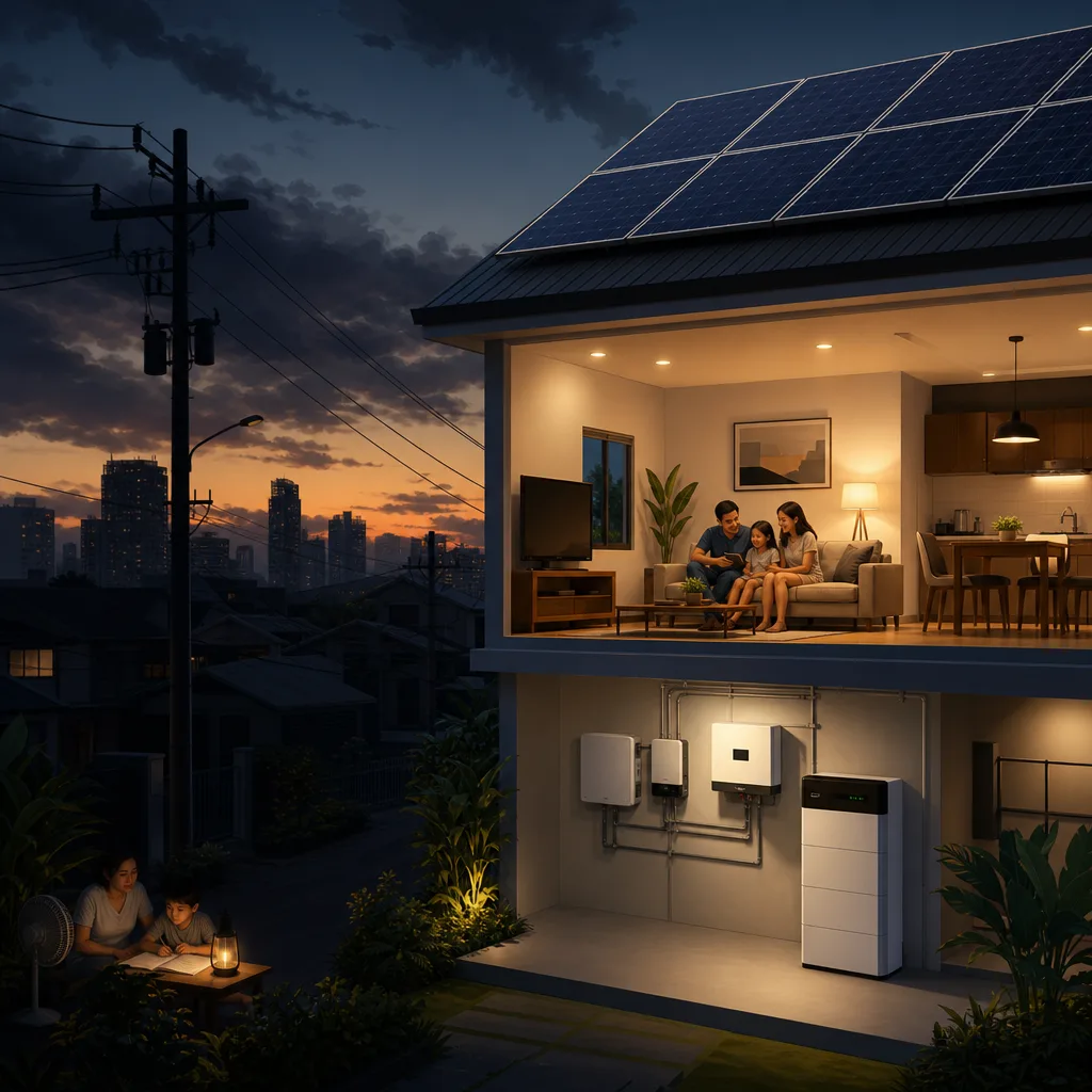 A clean, modern editorial illustration for a blog post titled "Solar and Brownouts in the Philippines: What Actually Keeps Your Lights On (2026)". Professional aesthetic suitable for a solar energy company website. No text, no logos, no watermarks.