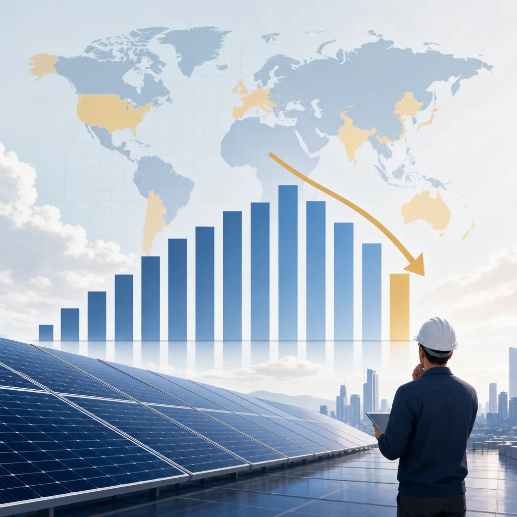 A clean, modern editorial illustration for a blog post titled "Global Solar Installations in 2026: The First Decline in 20 Years, Explained". Professional aesthetic suitable for a solar energy company website. No text, no logos, no watermarks.