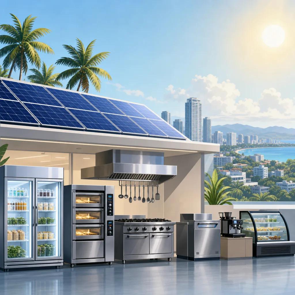 A clean, modern editorial illustration for a blog post titled "Commercial Equipment Power Consumption in the Philippines (2026)". Professional aesthetic suitable for a solar energy company website. No text, no logos, no watermarks.
