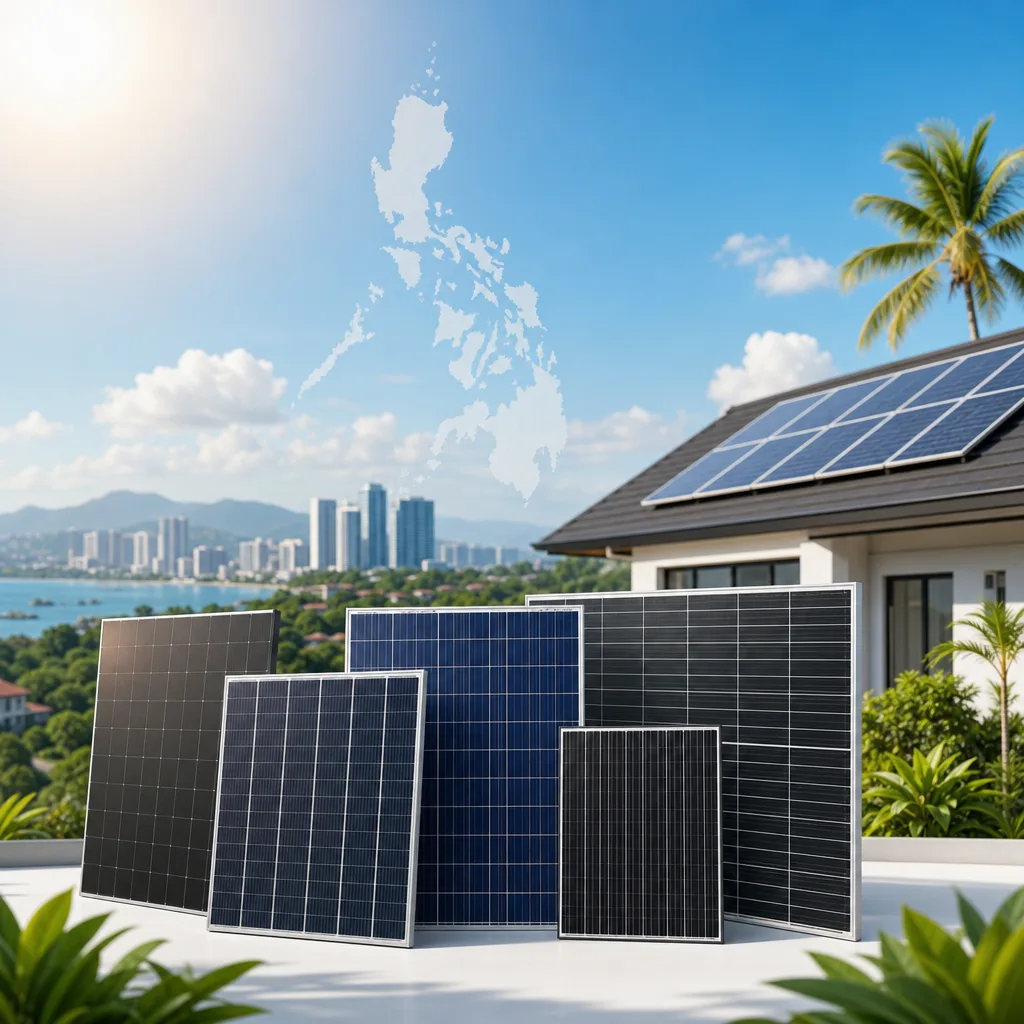 A clean, modern editorial illustration for a blog post titled "Solar Panel Brands in the Philippines: What's Actually Available (2026)". Professional aesthetic suitable for a solar energy company website. No text, no logos, no watermarks.