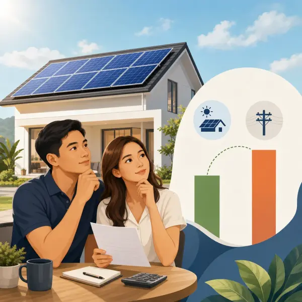 A clean, modern editorial illustration for a blog post titled "SSS Will Lend ₱400,000 for Solar. Is the Payment Less Than Your Meralco Bill?". Professional aesthetic suitable for a solar energy company website. No text, no logos, no watermarks.