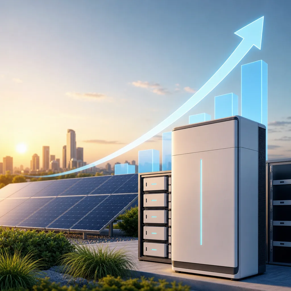 A clean, modern editorial illustration for a blog post titled "Why Batteries — Not Panels — Are the Growth Story of 2026". Professional aesthetic suitable for a solar energy company website. No text, no logos, no watermarks.