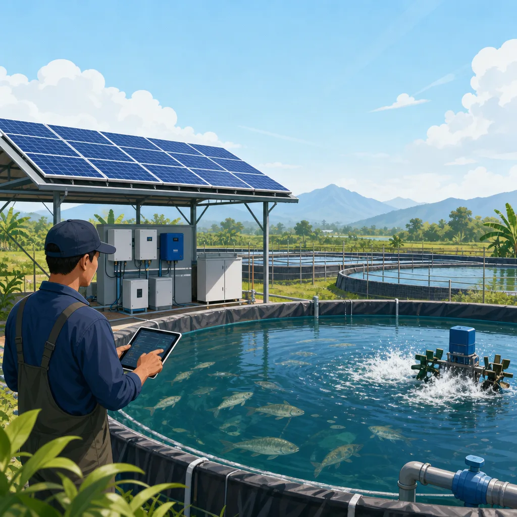 A clean, modern editorial illustration for a blog post titled "Solar for Fishponds and Aquaculture: A Worked Example — And an Honest Answer". Professional aesthetic suitable for a solar energy company website. No text, no logos, no watermarks.