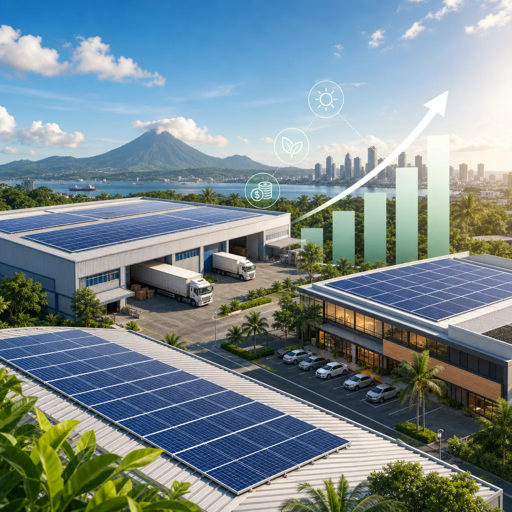 A clean, modern editorial illustration for a blog post titled "Commercial Solar in the Philippines: ROI for Factories, Warehouses, and Retail (2026)". Professional aesthetic suitable for a solar energy company website. No text, no logos, no watermarks.