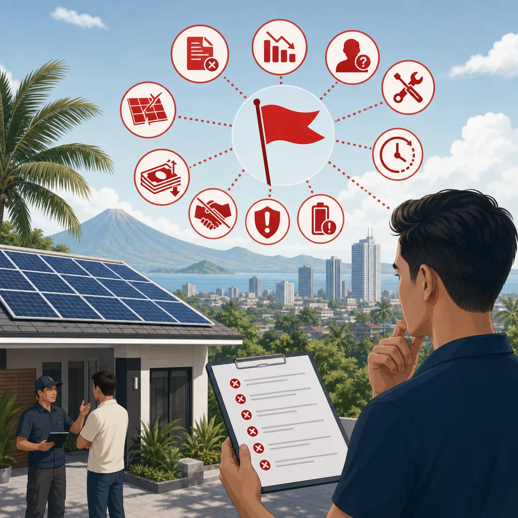 A clean, modern editorial illustration for a blog post titled "Solar Red Flags in the Philippines: 11 Warning Signs Before You Sign (2026)". Professional aesthetic suitable for a solar energy company website. No text, no logos, no watermarks.