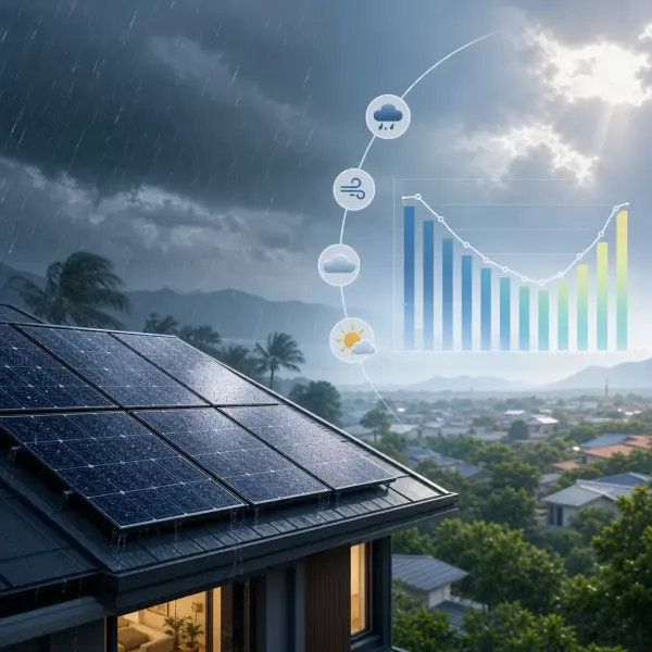 A clean, modern editorial illustration for a blog post titled "Solar in the Rainy Season: What Habagat Actually Does to Your Output (2026)". Professional aesthetic suitable for a solar energy company website. No text, no logos, no watermarks.