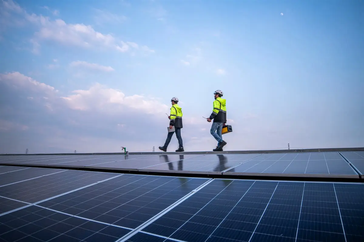 Solar panel installers on a rooftop