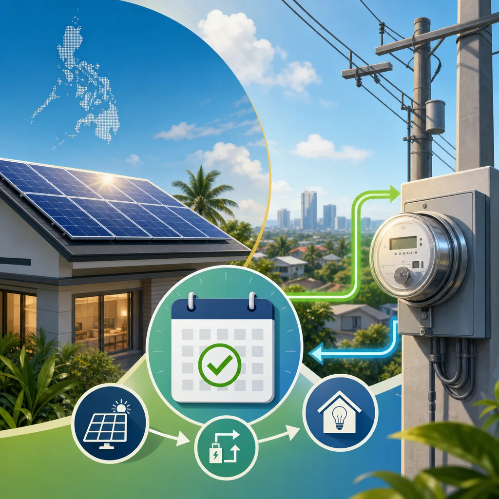 A clean, modern editorial illustration for a blog post titled "Net Metering in the Philippines 2026: The Complete Guide to the New 10-Day Approval Rule". Professional aesthetic suitable for a solar energy company website. No text, no logos, no watermarks.