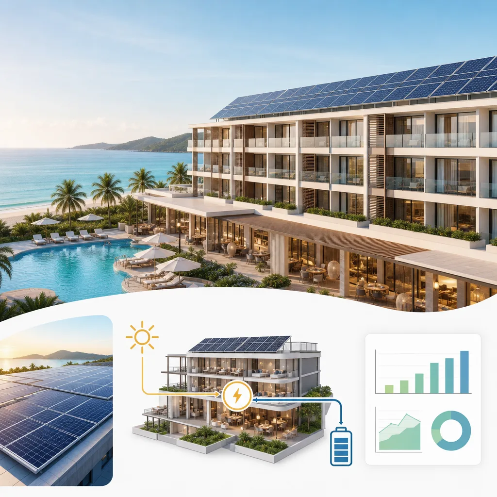A clean, modern editorial illustration for a blog post titled "Solar for a Hotel or Resort: A Worked Example (2026)". Professional aesthetic suitable for a solar energy company website. No text, no logos, no watermarks.