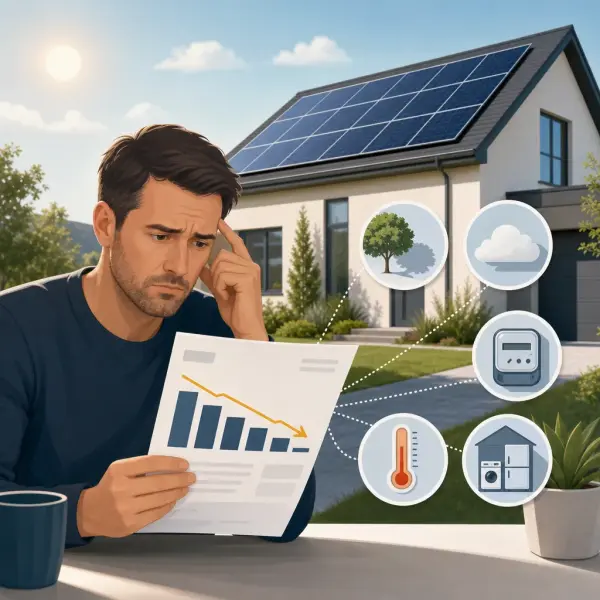 A clean, modern editorial illustration for a blog post titled "Your Solar Bill Didn't Drop as Much as You Expected. Here's Why.". Professional aesthetic suitable for a solar energy company website. No text, no logos, no watermarks.