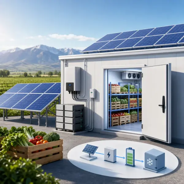 A clean, modern editorial illustration for a blog post titled "Solar for Cold Storage: A Worked Example (2026)". Professional aesthetic suitable for a solar energy company website. No text, no logos, no watermarks.