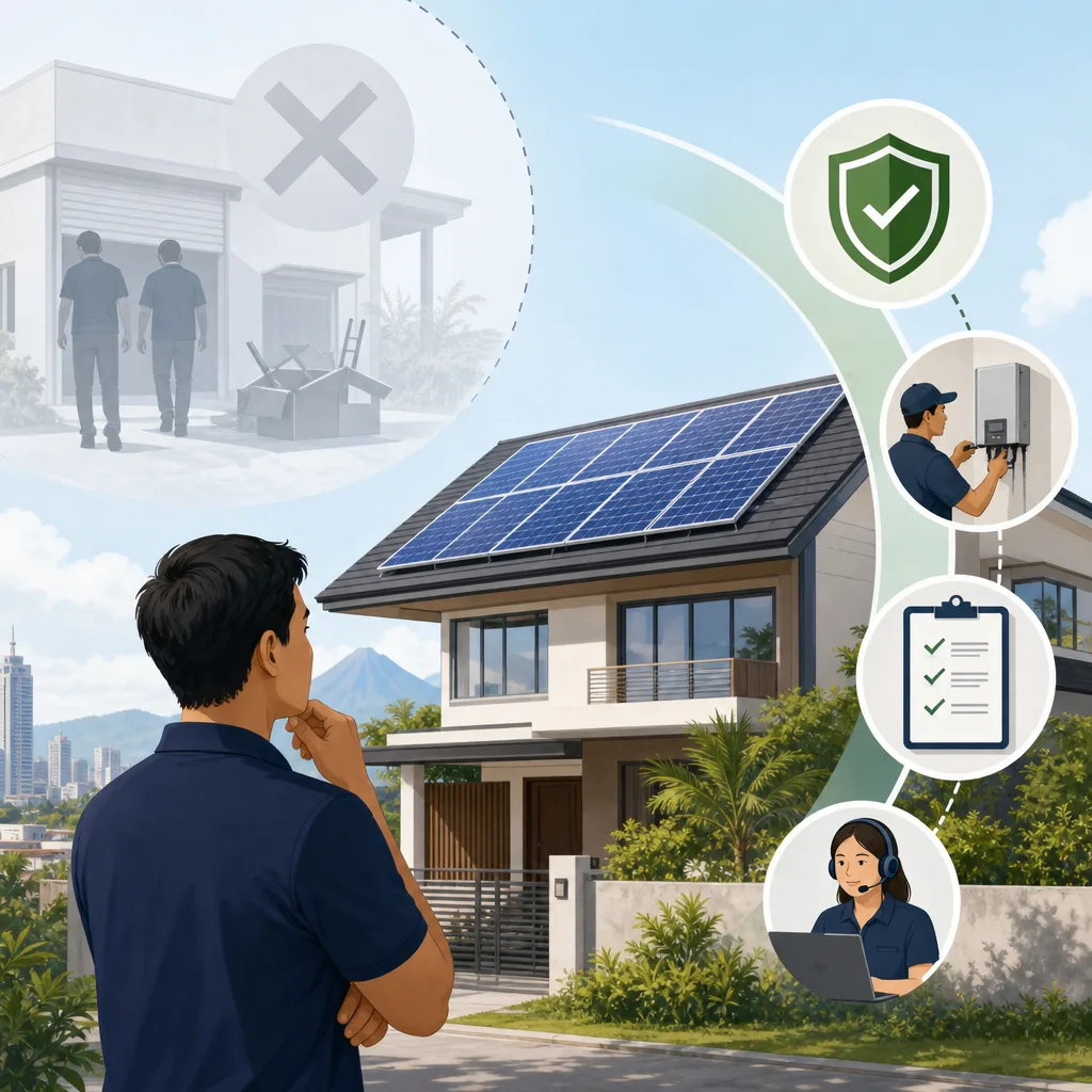 A clean, modern editorial illustration for a blog post titled "What If Your Solar Installer Goes Out of Business? A Philippine Owner's Guide (2026)". Professional aesthetic suitable for a solar energy company website. No text, no logos, no watermarks.
