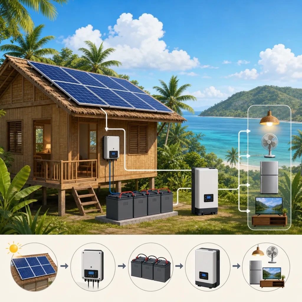 A clean, modern editorial illustration for a blog post titled "How Off-Grid Solar Systems Work in the Philippines". Professional aesthetic suitable for a solar energy company website. No text, no logos, no watermarks.